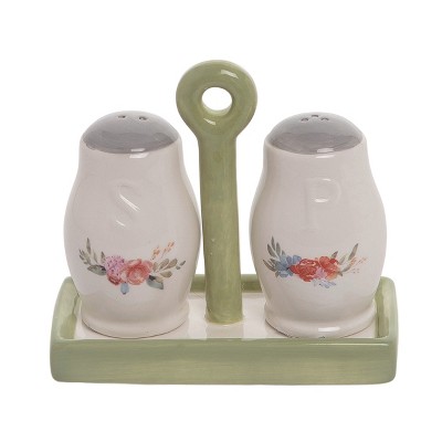 Transpac Spring Country Floral Pattern with Tray Dolomite Salt and Pepper Shakers Collectables Multicolor 5.12 in. Set of 3
