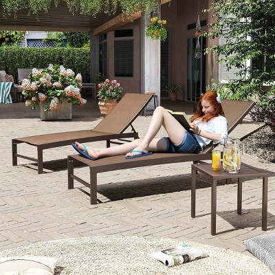 Ergonomic Outdoor Aluminum Lounge Set with Adjustable Chairs & Side Table - Brown
