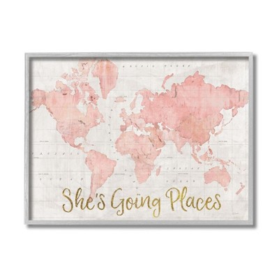 Stupell Industries She's Going Places Quote Pink Watercolor World Map