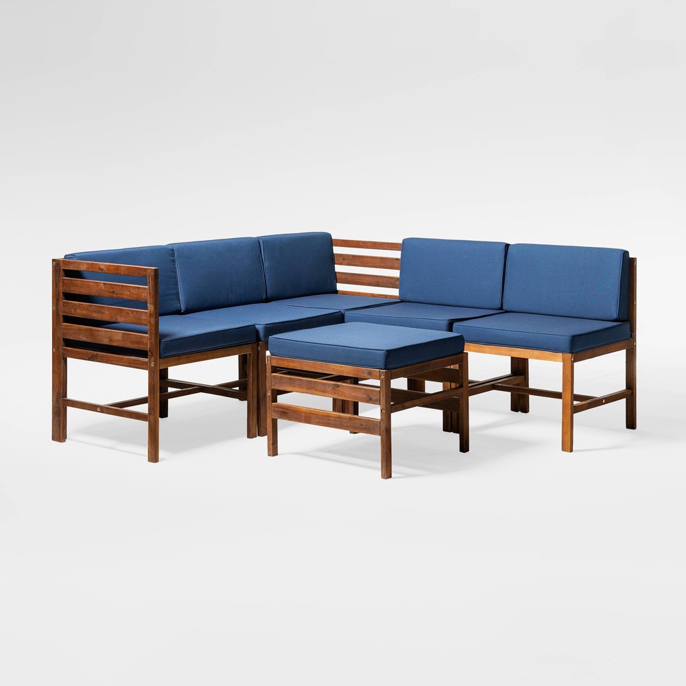 6pc Outdoor Modular Acacia Set with Ottoman - Dark Brown/Navy - Saracina Home