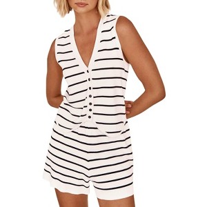 Imily Bela Womens Striped 2 Piece Summer Casual Lounge Sets Knit V Neck Sleeveless Tops Short Sets - 1 of 4