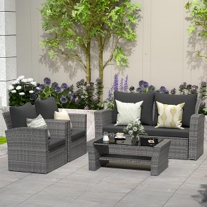 Heynemo 4 Piece Patio Furniture Sets, All-Weather Wicker Conversation Sets, Outdoor Rattan Sectional Sofa Chair with Coffee Table - 1 of 4