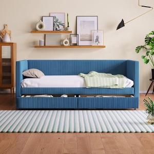 Sapphtopaz Twin Bed Corduroy Daybed Twin Size Bed Frame with Two Drawers and Wood Slat Bedroom Furniture, Easy Assembly, No Box Spring Needed - 1 of 4