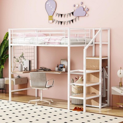 Streamdale Metal Loft Bed with Desk, Storage Ladder & Wardrobe