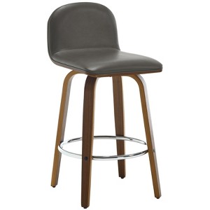 Bekrvio 26" Swivel Counter Height Bar Stools Set of 1 – Mid-Century Modern Upholstered PU Leather & Walnut Bentwood Legs, for Kitchen Island (Gray) - 1 of 4