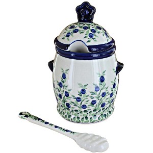 Blue Rose Polish Pottery 1848-1849 Zaklady Honey Pot & Dipper - 1 of 1