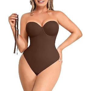 SHAPELLX Shapewear Bodysuit for Women Tummy Control Strapless Body Suit Faja Body Shaper Thong—Brown 40 - 1 of 3
