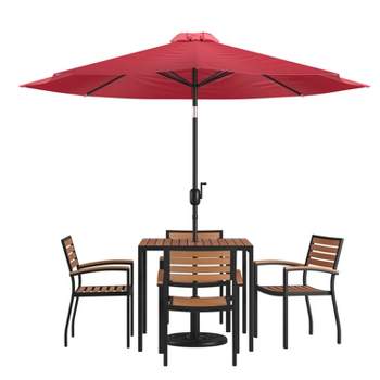 Emma and Oliver 7 Piece Patio Table Set - 4 Synthetic Faux Teak Stackable Chairs - Faux Teak Table - Umbrella with Base
