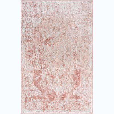 Rectangular Pink and Ivory Floral Easy Care Rug