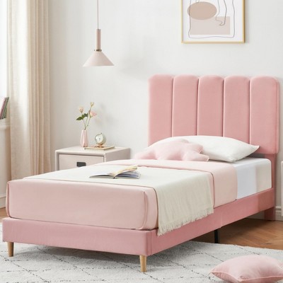 Whizmax White Bed Frame, Velvet Upholstered Platform Bed Frame with Headboard, Strong Wooden Slats(White)