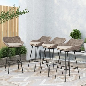 Christopher Knight Home Kevin Outdoor Wicker and Iron Barstools with Cushions (Set of 4) - 1 of 4