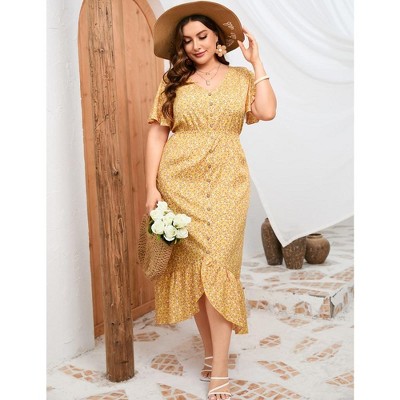 Plus Size Floral Maxi Dress Women Summer Short Sleeve V Neck High Low Dress