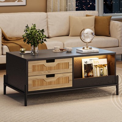 Garvee Rattan Coffee Table with LED Lights, Mid Century Modern Coffee Table with 4 Drawers and Open Storage Shelf, Wooden Farmhouse Coffee Table
