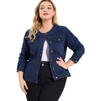 Agnes Orinda Women's Plus Size Long Sleeves Collarless Buttons Denim Jean Jackets