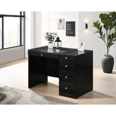 Vynxaria Glam Makeup Vanity Table with Glass Top and 5 Drawers in White