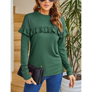 Womens Turtleneck Shoulder Knited Long Ruffle Sleeve Slim Fit Blouses Casual Sweatshirts - 1 of 4