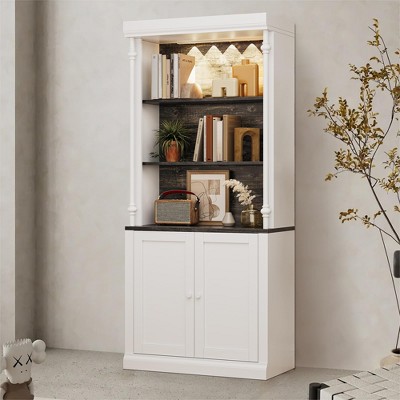 White Bookshelf with Doors & Storage Cabinet, 5-Tier Tall Bookcase with Adjustable Lights and Shelves