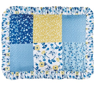 Collections Etc Floral Patchwork Quilted Ruffle Edge Pillow Sham Gender Neutral Blue