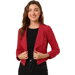 INSPIRE CHIC Women's Regular Fit Notched Lapel Ruched Sleeve Business Crop Blazer - 1 of 4