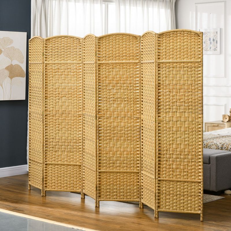 HOMCOM Room Divider, 6' Tall Folding Privacy Screen, Hand-Woven Freestanding Wood Partition for Home Office, Bedroom, Nature Wood, 3 of 7