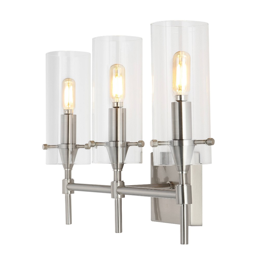 21.25" 3-Light Cato Modern Iron/Glass LED Vanity Nickel/Clear - JONATHAN Y: Bathroom Fixture, Wall Sconce