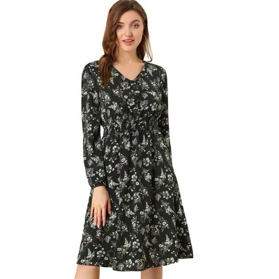 Allegra K Women's Floral Print V-Neck Smocked Waist Midi Dress