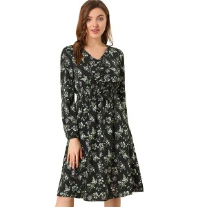 Allegra K Women's Floral Print V-Neck Smocked Waist Midi Dress - 1 of 4