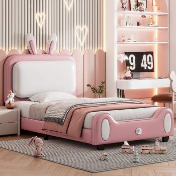 Full/Twin Size Upholstered Rabbit-Shape Princess Platform Bed+Pink-ModernLuxe