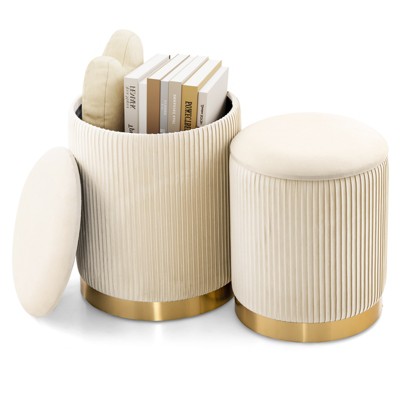 Tangkula Home 2Pcs Upholstered Nesting Stool with Storage Entry Shoe Changing Footrest Stool Golden/Grey