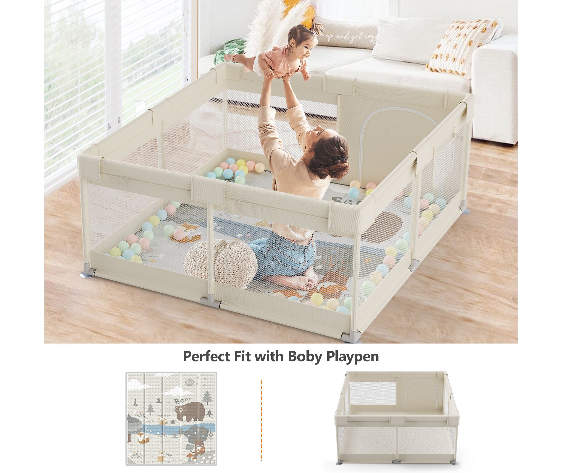 Fodoss Baby Playpen with Mat ，47 x 47 In Playpen for Babies and Toddlers, Indoor & Outdoor Activity Center, Safety Baby Fence