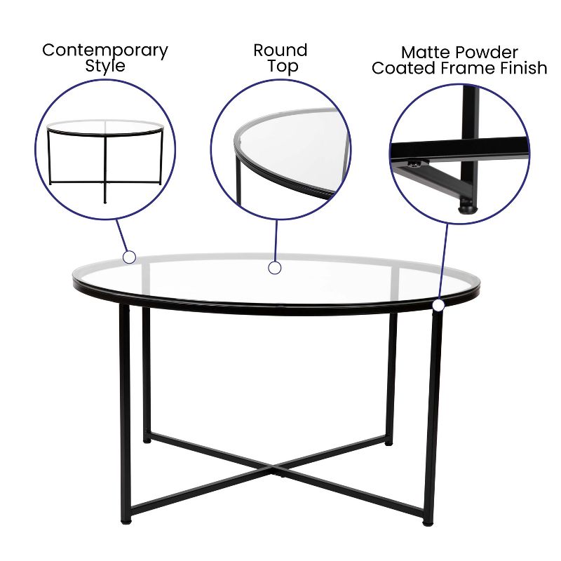 Emma and Oliver Clear Glass Table Set with Matte Black X Metal Frame-Coffee Table-2 End Tables, 4 of 12