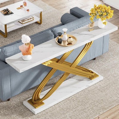 55" White Faux Marble and Gold Metal Console Table
