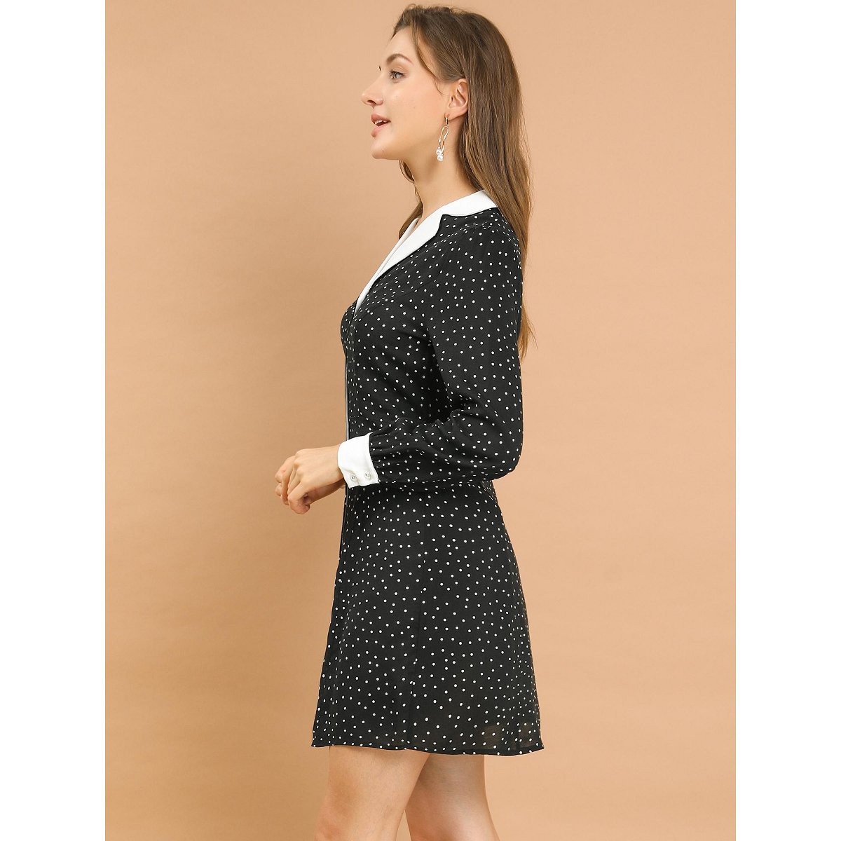 Женские платья INSPIRE CHIC Women's Polka Dots Peter Pan Contrast Collar Party Shirt Dresses Small Black — фото 2