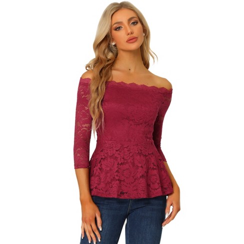 Allegra K Women's Elegant Lace Floral Semi Sheer 3/4 Sleeve Off Shoulder  Peplum Top Burgundy Large