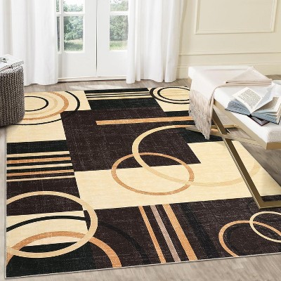 TackView Washable Abstract Circles Rug - Modern Area Accent Rug, Stain Resistant, Low Pile Throw Carpet for Bedroom Living Room