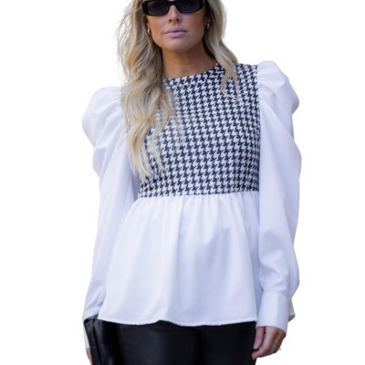 Amaryllis Women's Long-Sleeve Houndstooth Peplum Top with Statement Puff Sleeves Classic Elegant Design