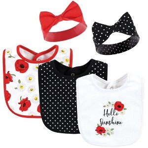 Hudson Baby Infant Girl Cotton Bib and Headband or Caps Set, Poppy Daisy, One Size - 1 of 4