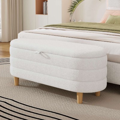 CAVINAS Oval Storage Ottoman Bench,Upholstered Ottoman with Wood Legs for Living Room,Bedroom,White/Pink