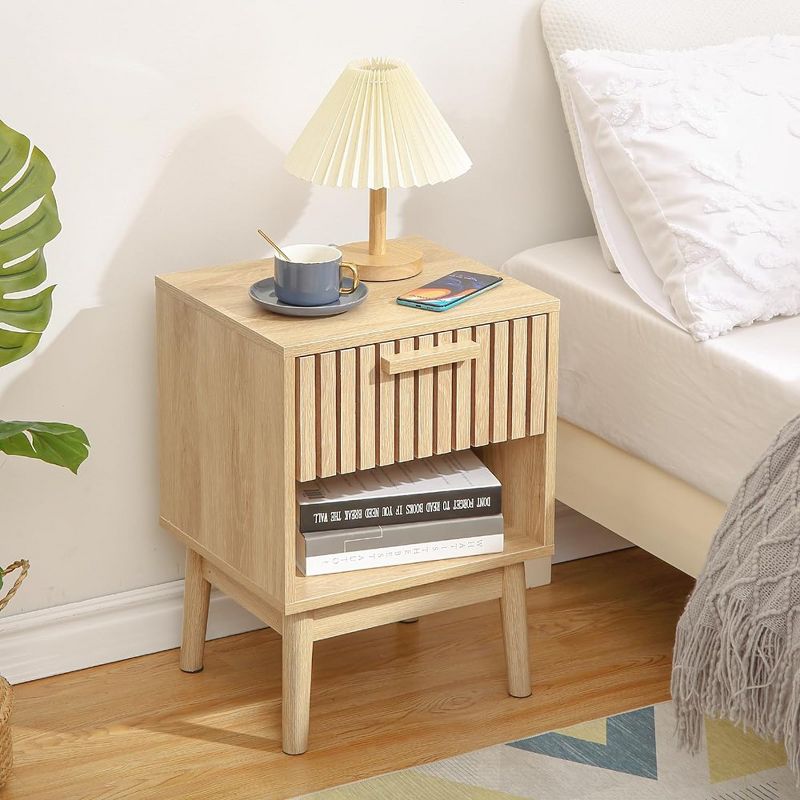 Bedside Table, Wooden Striped Nightstand, Nightstand with Drawers and Open Shelves, for Bedrooms, Living Rooms, Dormitories Small Spaces, Wood Color, 2 of 6