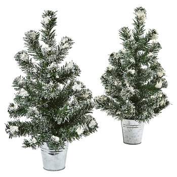 Snowy 18"H Mini Pine Trees with Tin Planters (Set of 2) - Nearly Natural