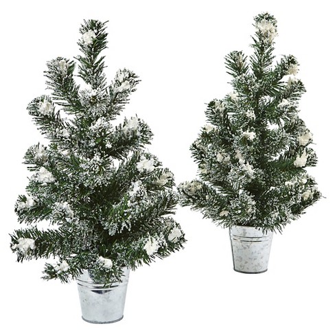 Snowy 18H Mini Pine Trees with Tin Planters (Set of 2) - Nearly Natural