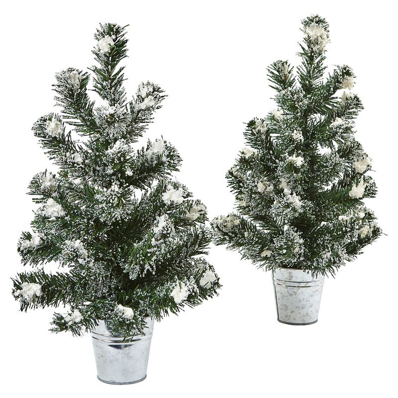 Snowy 18"H Mini Pine Trees with Tin Planters (Set of 2) - Nearly Natural, 1 of 5