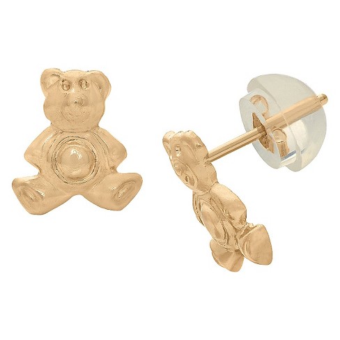 14K White Gold Childrens Teddy Bear Safety Back Earrings