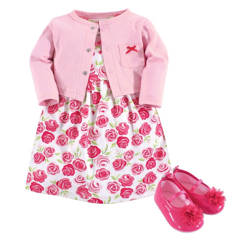 Hudson Baby Infant Girl Cotton Dress, Cardigan and Shoe 3pc Set, Pink Roses, 1 of 7
