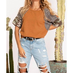 Women's Camo Leopard Print Block Top - Blue Buttercup M - 1 of 3