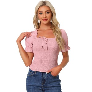 Allegra K Women's Summer Square Neck Short Sleeve Ruffle Shirred Casual Smocked Blouse - 1 of 4