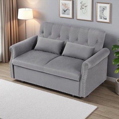 55" Shiny Velvet Convertible Loveseat Sofa with Pull-Out Bed & Lumbar Pillows