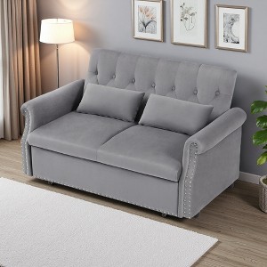 55" Shiny Velvet Convertible Loveseat Sofa with Pull-Out Bed & Lumbar Pillows - 1 of 4
