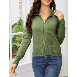 Coolmee Women's Cardigans Zip Up Cable Knit Long Sleeve Lapel Collar Sweaters Warm Slim Fit Solid Cardigans with Pockets Outwear Coats M Green - 1 of 4