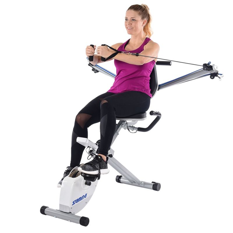 Stamina Strength System Stationary Portable Magnetic Resistance Upper and Lower Body Training Exercise Bike with Elastic Bungee Cords, White/Blue, 3 of 7